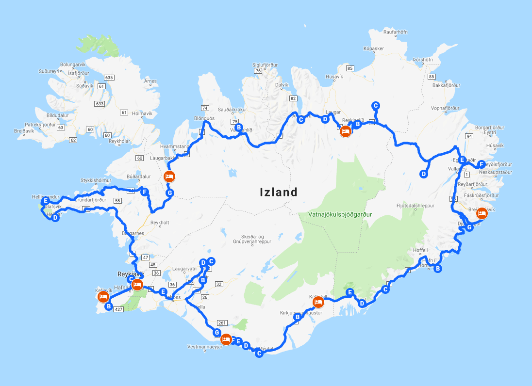 Izland utazás útvonal
