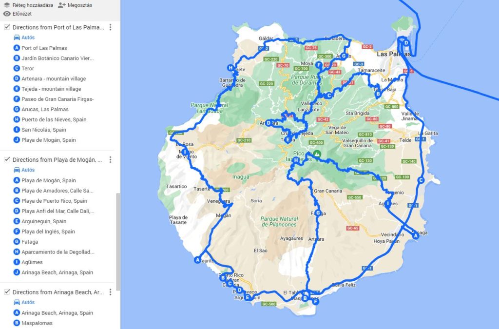 Gran Canaria térkép útvonal